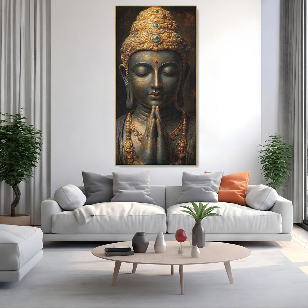 Tablou canvas cu tablou canvas cu buddha in rugaciune, in rama de aluminiu auriu, pe perete intr-un living